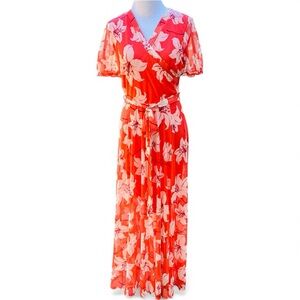 Kate and Lily Women’s Dress 8P Vibrant Floral Red White  Maxi Short Sleeve